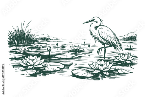 Vintage hand drawn engraving of a graceful heron standing in a lily pond with blooming lotus flowers and pads, serene wetland nature vector illustration.
