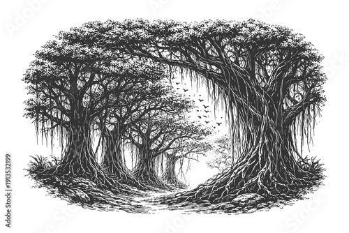 Vintage hand drawn engraving of a mysterious dark tunnel formed by massive banyan tree roots and branches, enchanted forest vector illustration.