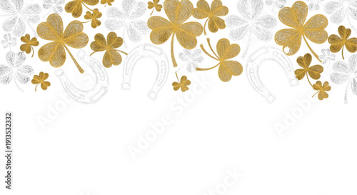 St. Patrick's Day Golden Shamrock and Horseshoe Border,  A decorative St. Patrick's Day border featuring golden and silver sketched shamrocks and horseshoes against a white background