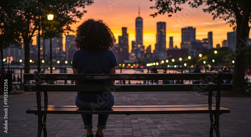 Silhouette of a Woman Contemplating the Cityscape at Sunset.