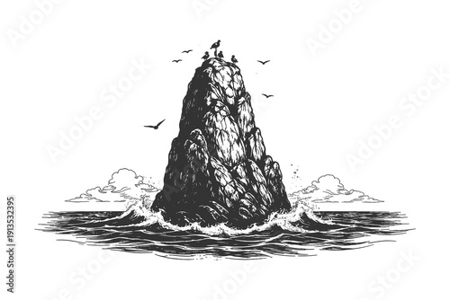 Vintage hand drawn engraving of a tall solitary rock pillar in the ocean with birds flying around it, maritime landmark vector illustration.