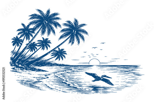 Vintage hand drawn engraving of a tropical beach with leaning palm trees and a large bird flying over the ocean at sunset, coastal vector illustration.