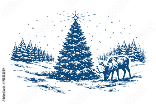 Vintage hand drawn engraving of a decorated Christmas tree in a snowy forest with a reindeer grazing nearby, winter holiday vector illustration.