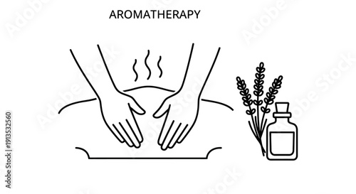 Aromatherapy massage with essential oil and lavender illustration.