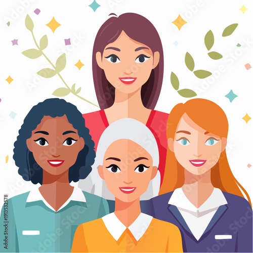 A cheerful and diverse group of women from various backgrounds smiling together, symbolizing unity, empowerment, and a strong sense of community and support