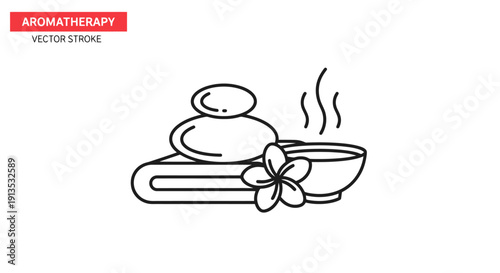 Aromatherapy spa treatment with hot stones and flower icon.