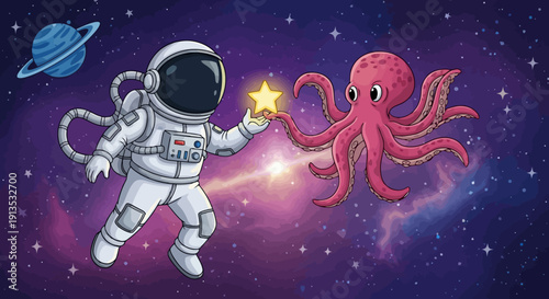 Astronaut and Octopus in Space Sharing a Star.