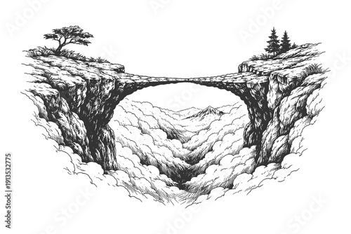 Vintage hand drawn engraving of a natural stone arch bridge connecting high cliffs above a sea of clouds, surreal fantasy vector illustration.