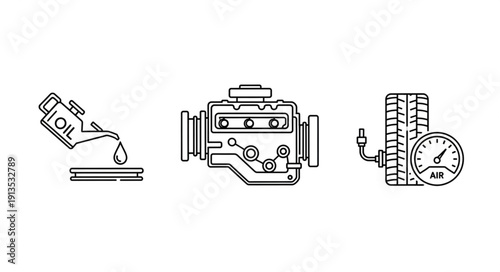 Automotive maintenance icons showing oil change engine and tire pressure.