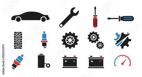 Automotive Repair and Maintenance Tools and Parts Icons.