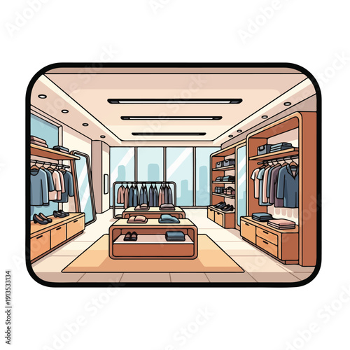 A spacious clothing store with organized racks and shelves