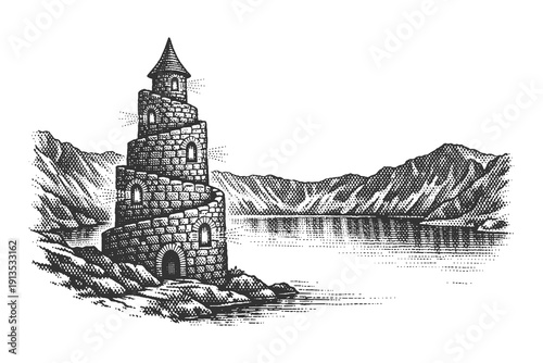Vintage hand drawn engraving of a tall spiral stone tower on a rocky shore by a mountain lake, fantasy architecture vector illustration sketch.
