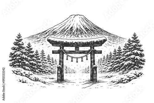 Vintage hand drawn engraving of a traditional Japanese Torii gate in a snowy forest with Mount Fuji background, winter landscape vector illustration.