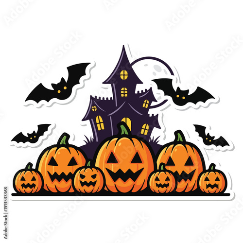 A spooky cartoon scene with a haunted house, jack-o-lanterns, and bats