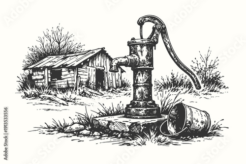 Vintage manual water pump in front of an old wooden shack, hand drawn engraving style vector illustration of a rustic countryside or farm.