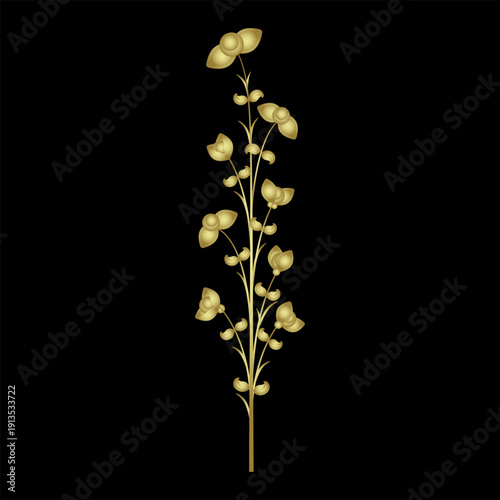 Blooming branch with leaves and flowers. Floral motif. Golden glossy silhouette on black background.