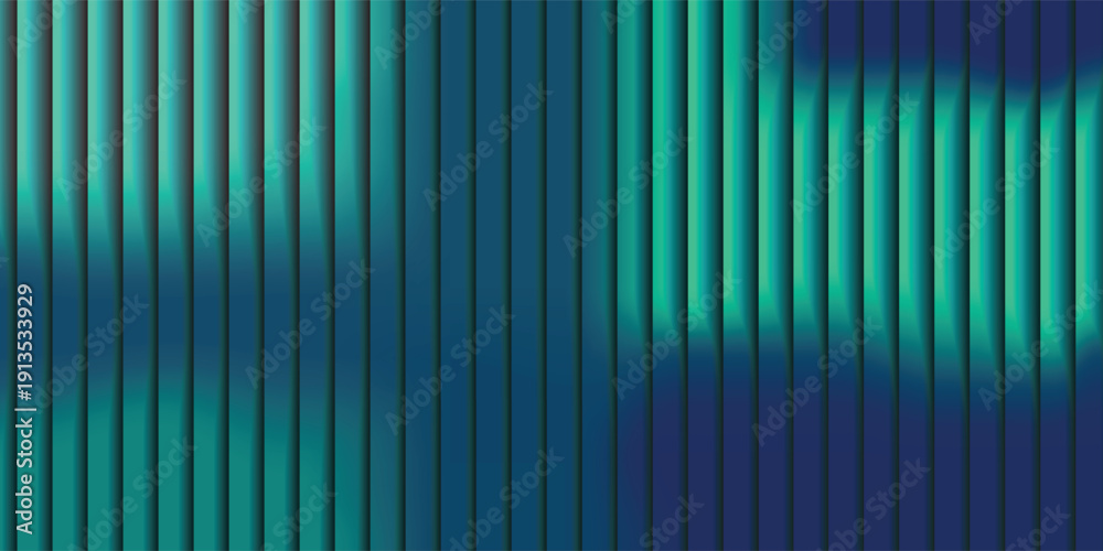 Fototapeta premium Glass green ribbed texture background with vertical fluted gradient pattern and abstract 3D lines in blue light design