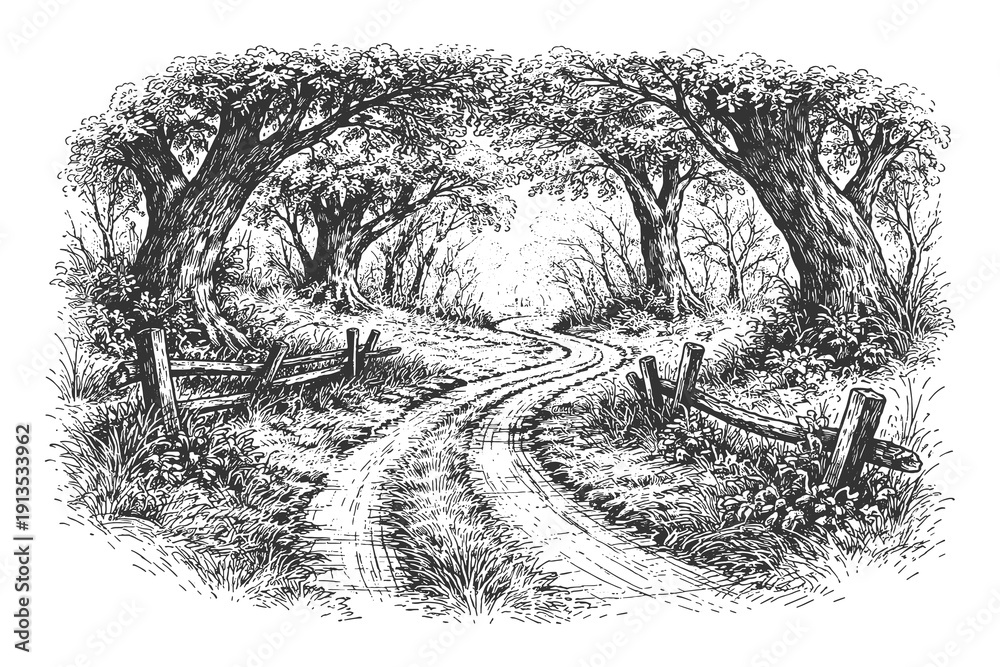 Obraz premium Serene forest path winding through old trees and rustic wooden fences, vintage hand drawn engraving style vector illustration of a woodland landscape.