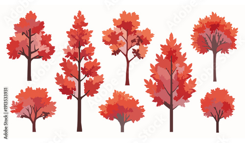 Vibrant Fall Foliage Trees Vector Illustration Collection Isolated on White Background