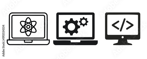 Set of three laptop and desktop monitor icons depicting science technology