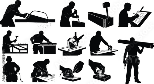 Carpentry silhouette icon set, woodworking tools, hand saw cutting, drilling wood, hammer nails, sanding surface, measuring tape, construction labor, craft process, vector illustration