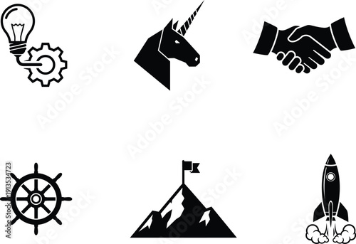 collection of business and success related icons including light bulb gear unicorn handshake ship wheel mountain and rocket