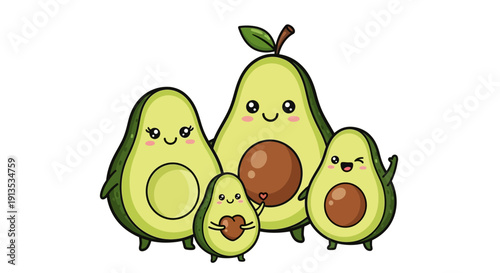 Adorable Avocado Family Cartoon Illustration with Cute Facial Expressions