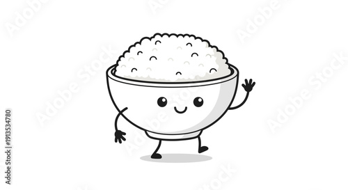 Adorable cartoon bowl of white rice character with a cheerful face, waving hand, and walking legs.