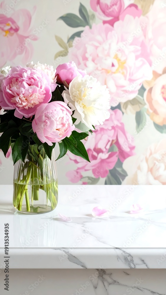 Fototapeta premium A bouquet of pink and white flowers on a white surface