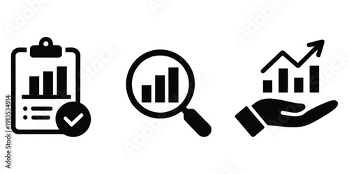 Business data analytics icon set with clipboard magnifying glass hand
