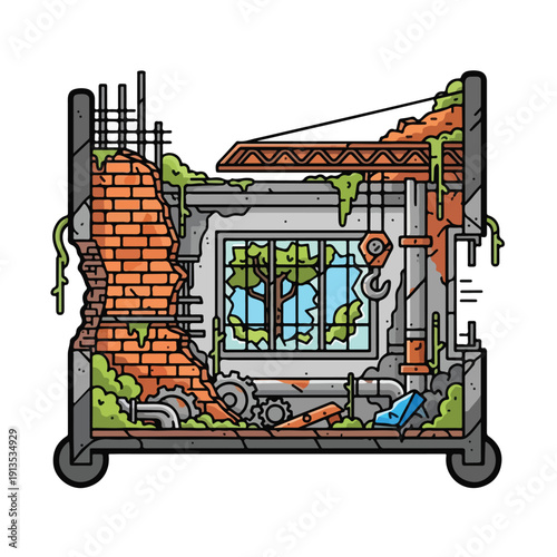 Abandoned industrial cart with overgrown brick and machinery