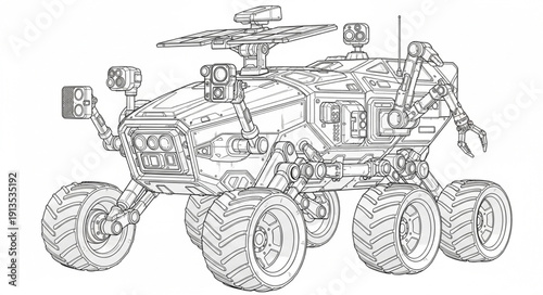 Detailed illustration of a futuristic Mars rover with six wheels.