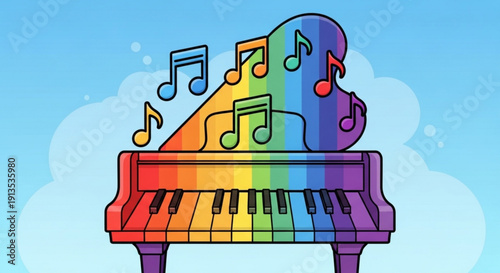 Colorful piano keyboard with rainbow heart music notes floating on blue cloudy background