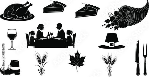 Thanksgiving silhouette icon set, roasted turkey, pumpkin pie, cornucopia harvest, family dinner, pilgrim hat, wheat bundle, autumn leaf, wine glass, vector illustration