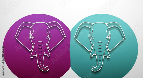 Two stylized elephant head icons in purple and teal circles with white outline on gray background symbolizing wildlife conservation and friendship