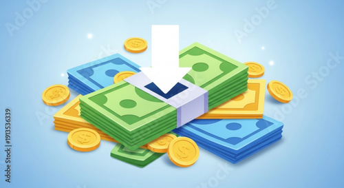 Pile of colorful money bills and gold coins with a white arrow pointing down on a light blue background symbolizing financial growth and investment