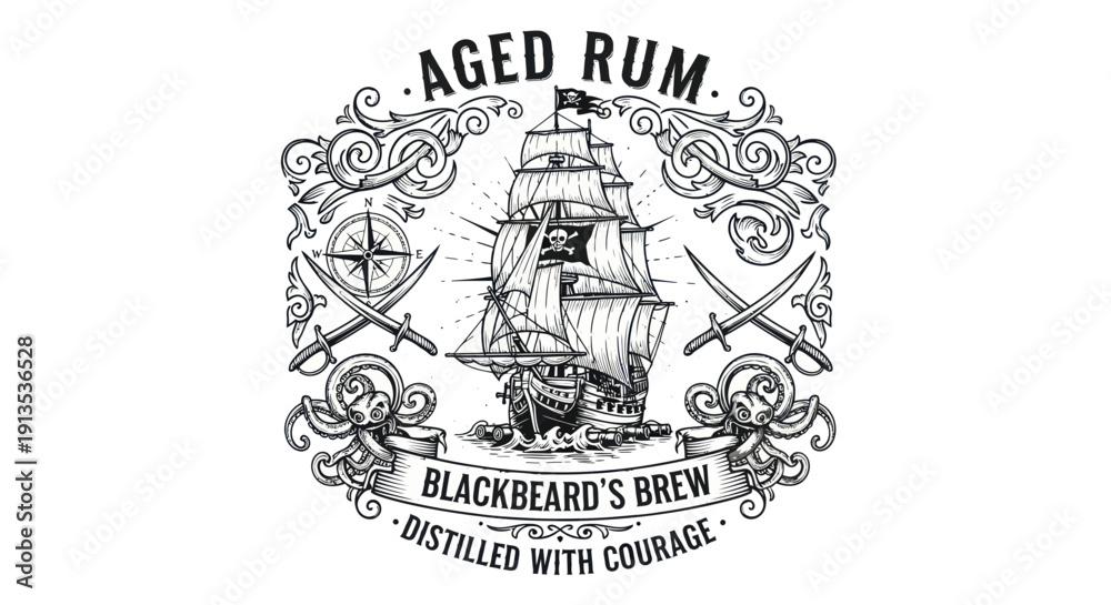 Fototapeta premium Aged Rum Blackbeard's Brew Pirate Ship Emblem with Swords and Compass