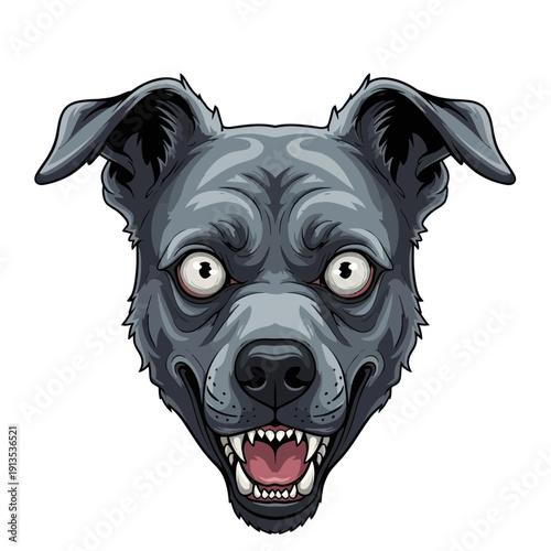 Aggressive Pitbull Dog Head Illustration, Fierce Expression, Bared Teeth