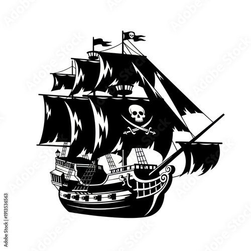 Black Pirate Ship with Jolly Roger Flag Sailing on White Background