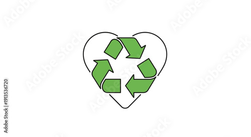 A green recycling symbol with three chasing arrows enclosed within a simple black line art heart shape.