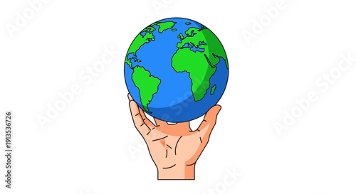 A simple cartoon illustration of a human hand gently holding the planet Earth globe.