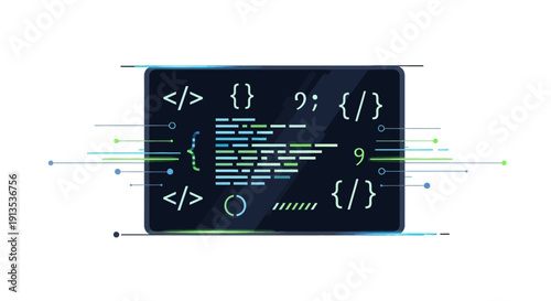 A stylized illustration of a dark screen displaying abstract programming code and symbols.