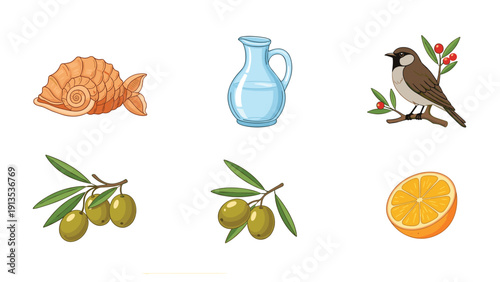 Beautiful mediterranean themed illustrations featuring a fish shaped shell, a glass water jug, olive branches, and fruit.