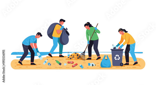 Beach Cleanup Volunteers Collecting Trash and Debris