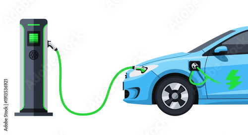 Blue electric car charging at a modern charging station