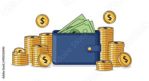 Blue Wallet with Green Bills and Gold Coins Illustration
