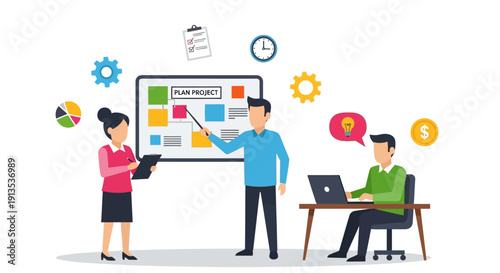 Business Team Planning Project Strategy with Presentation and Laptop