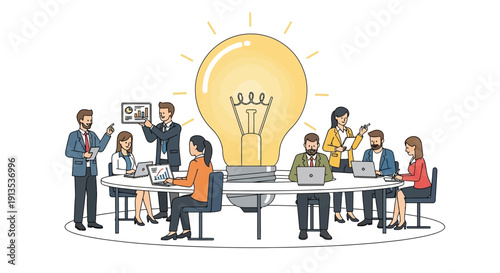 Business Team Brainstorming Session with Giant Light Bulb for New Ideas