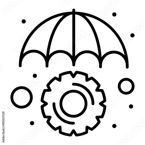 Protection Assurance: An umbrella shields a gear, symbolizing protection, security, and the safeguarding of mechanisms and systems, conveyed through a clean, graphic illustration.