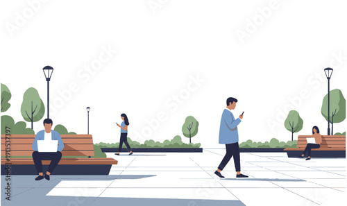 Premium Outdoor Remote Work Illustration - Digital Nomads in Urban Park Plaza, Modern Public Workspace, and Flexible Freelancing Lifestyle Visuals